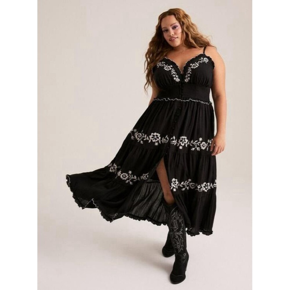 Torrid Festi Embroidered Boho Tiered Maxi Dress 3X 22-24 Black White Western NWT